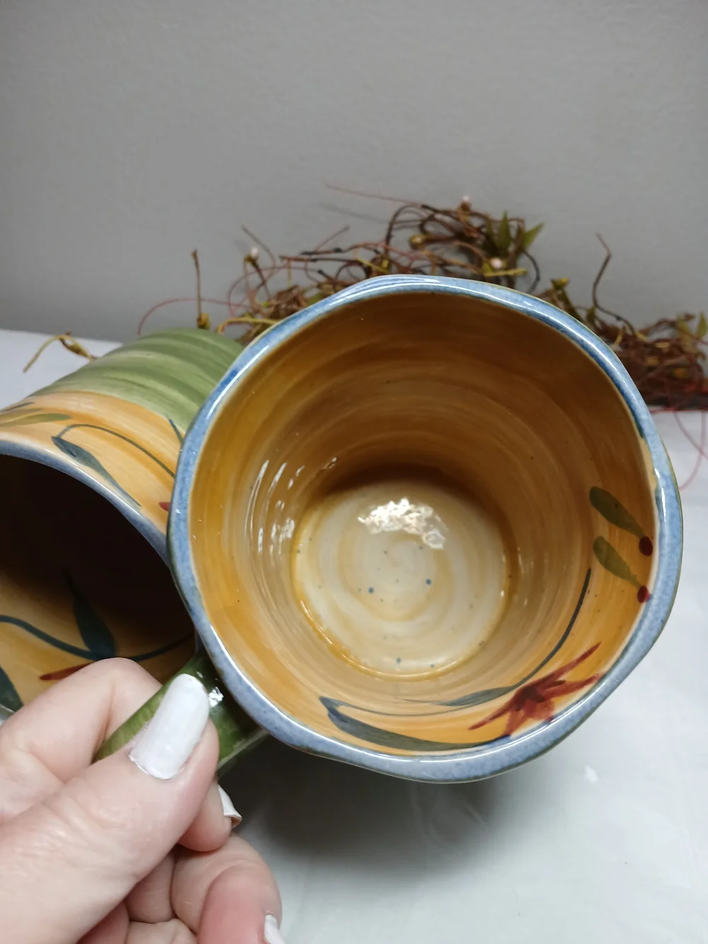 2 Pier 1 Hand-Painted Ceramic Mugs in Yellow, Green and Blue Elizabeth Style